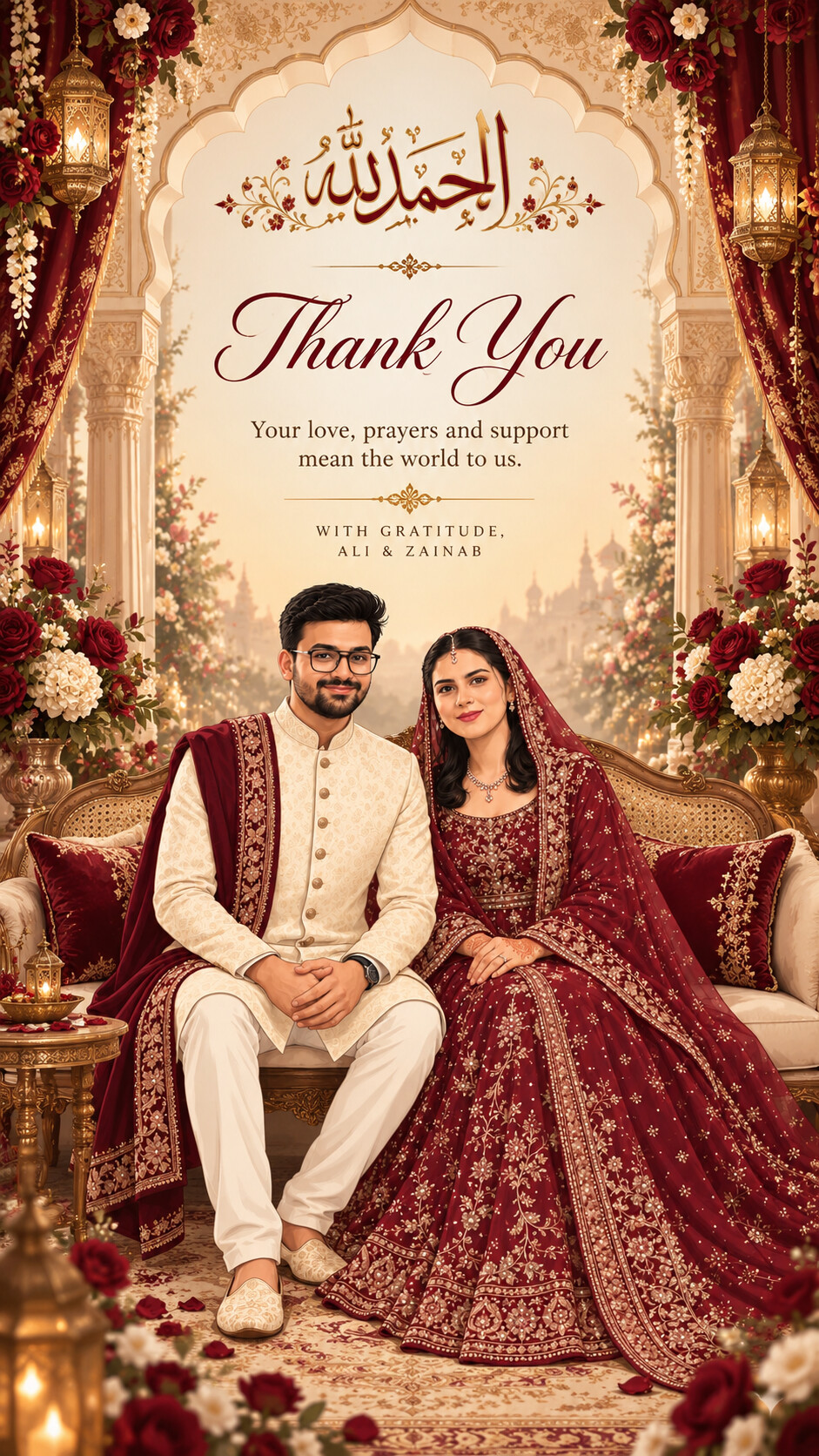 Thank you — Alhamdulillah for bringing us to this beautiful beginning. The bride and groom seated together surrounded by roses and lanterns.